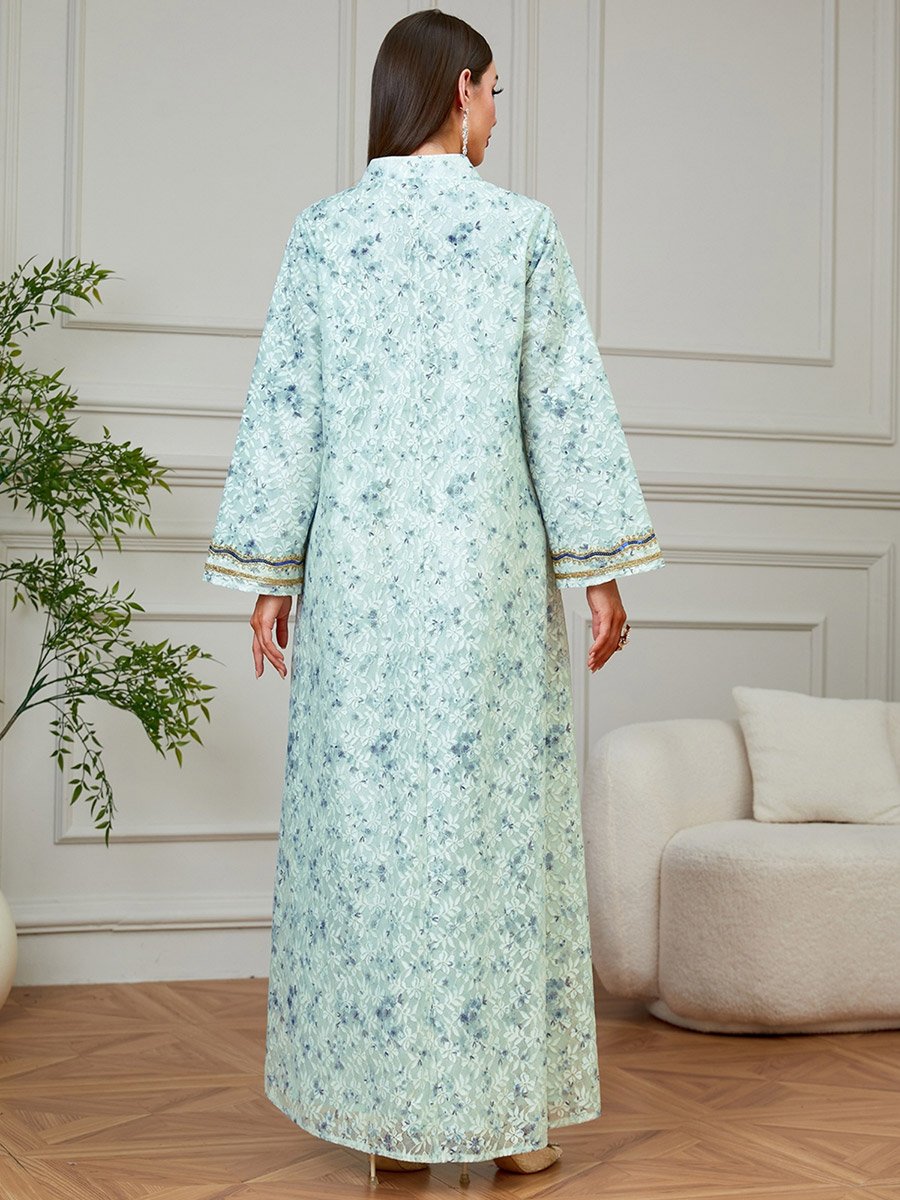 Green Embroidered Floral Print A-Line Jalabiya