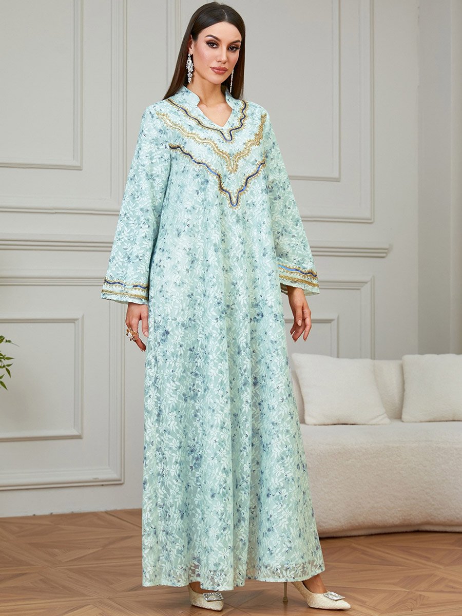Green Embroidered Floral Print A-Line Jalabiya