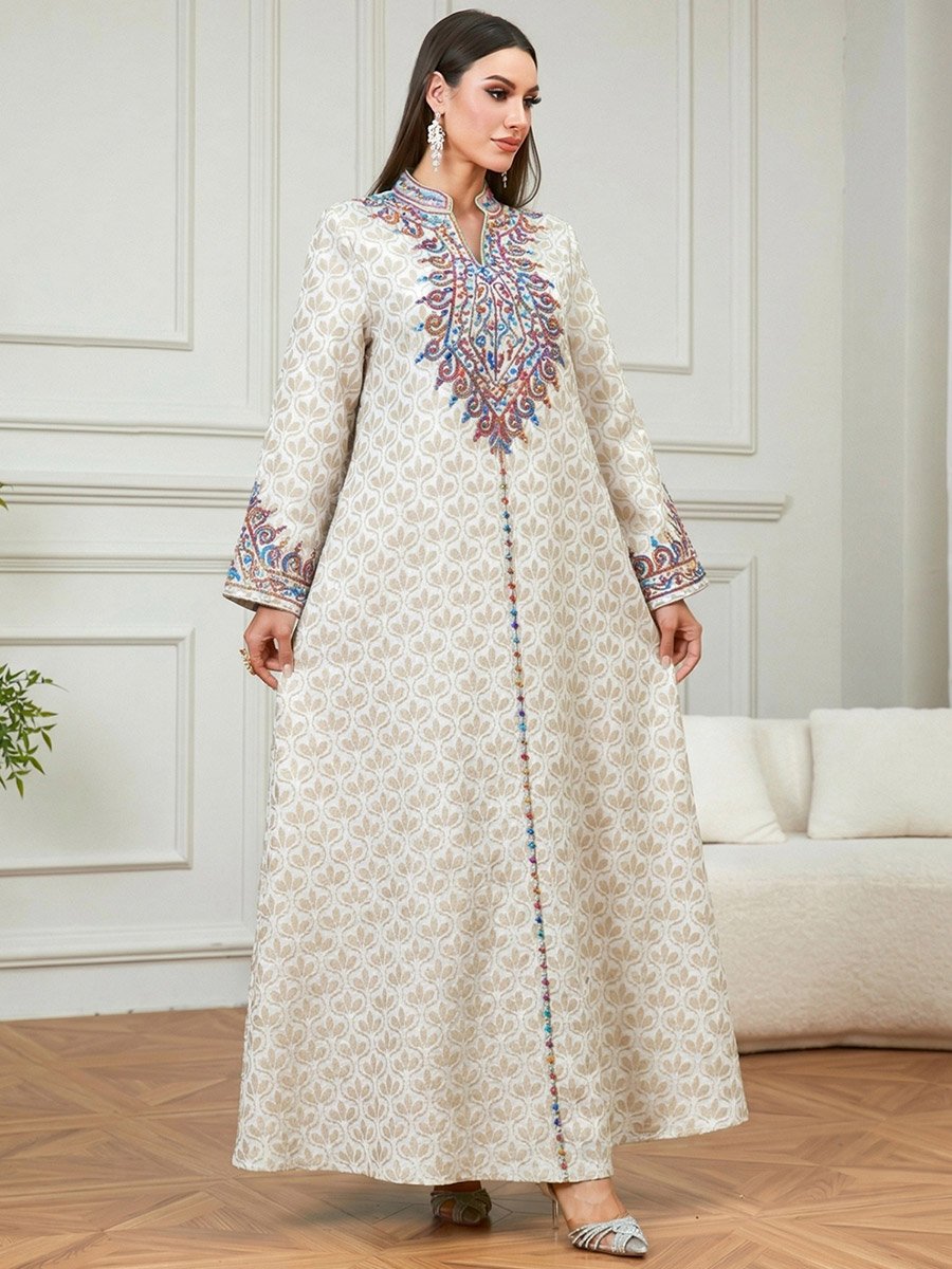 Beige Embroidered A-Line Jalabiya