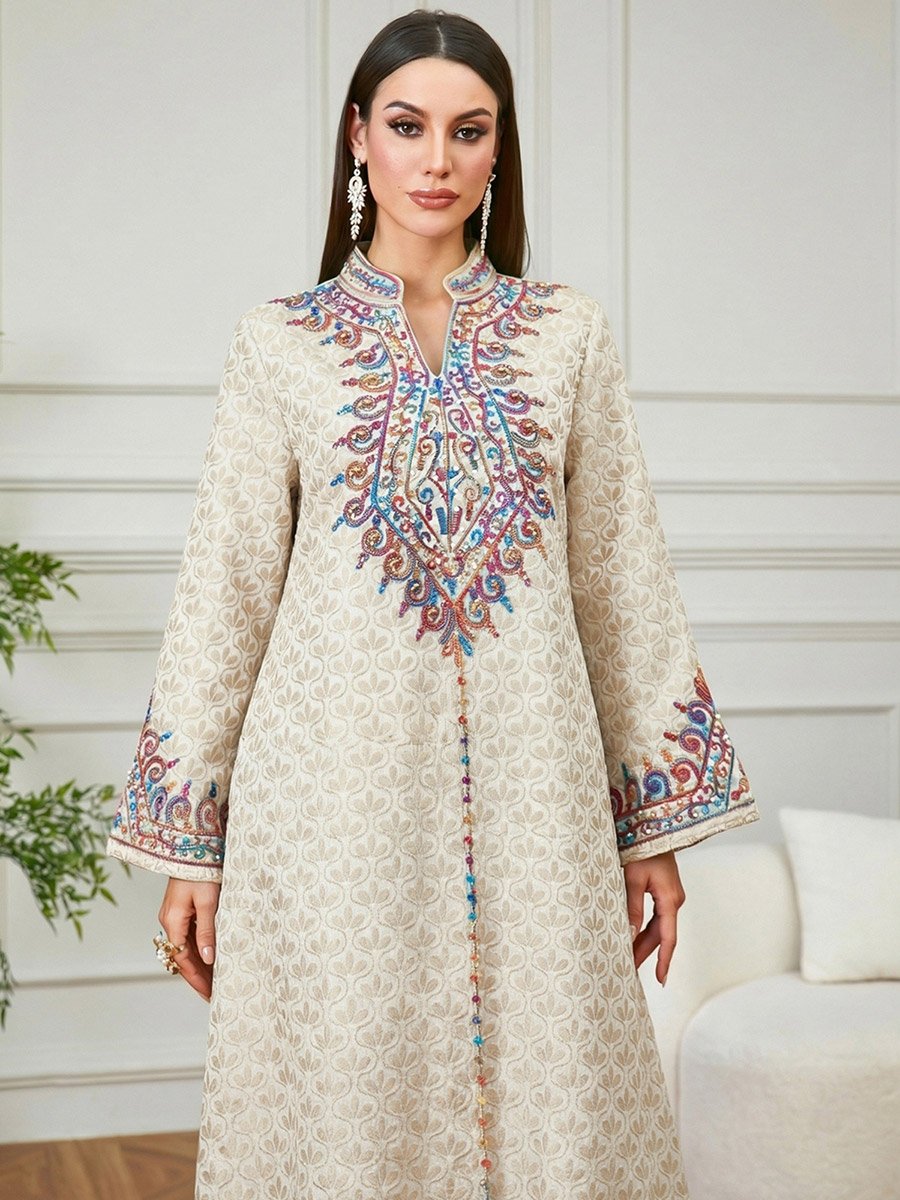 Beige Embroidered A-Line Jalabiya