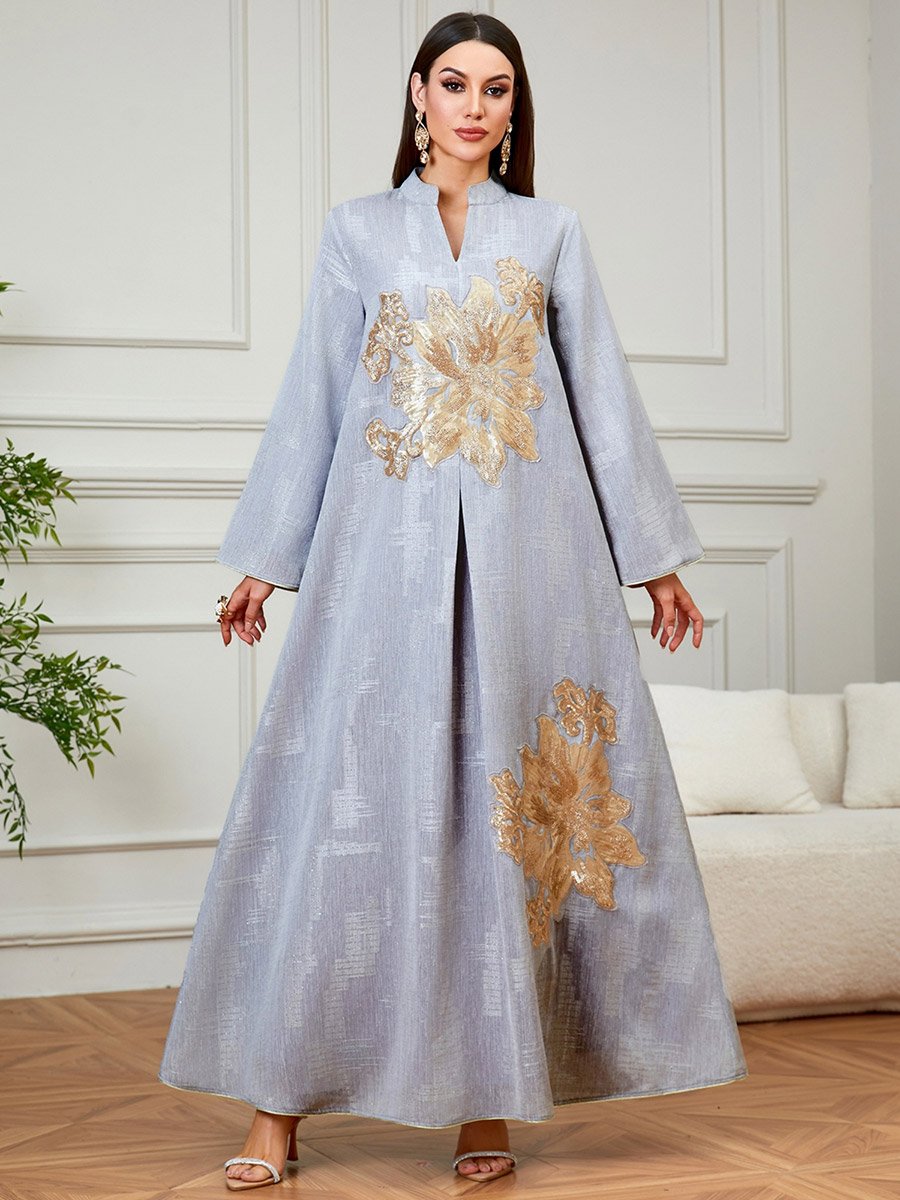 Grey Embroidered Collared A-Line Jalabiya