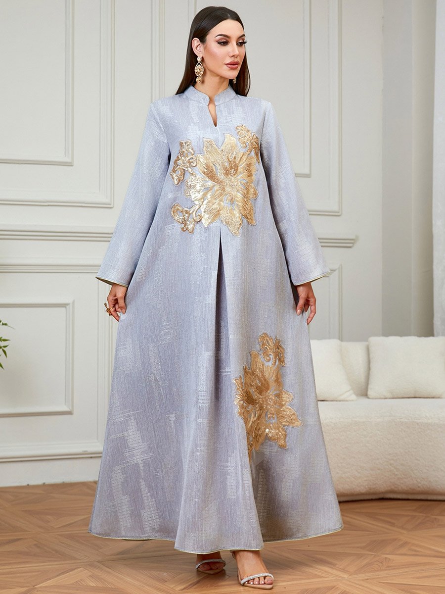 Grey Embroidered Collared A-Line Jalabiya
