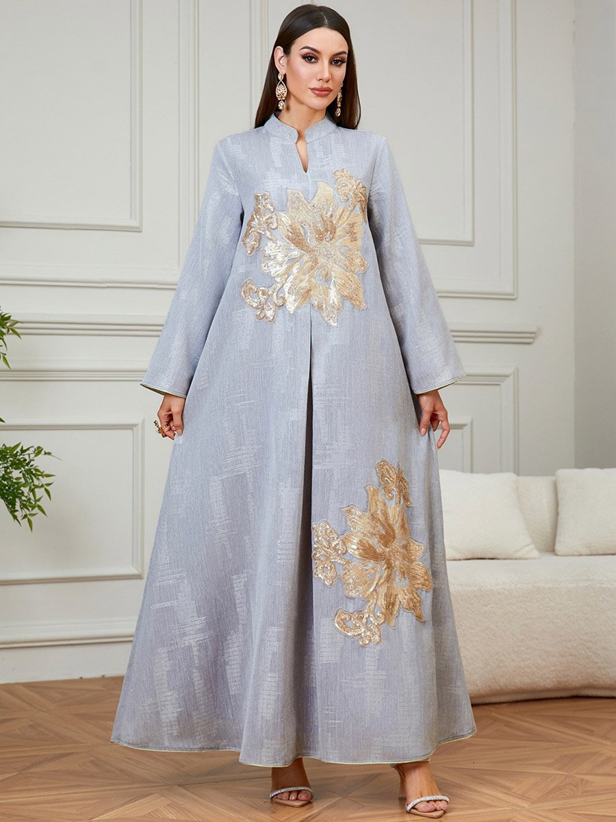 Grey Embroidered Collared A-Line Jalabiya