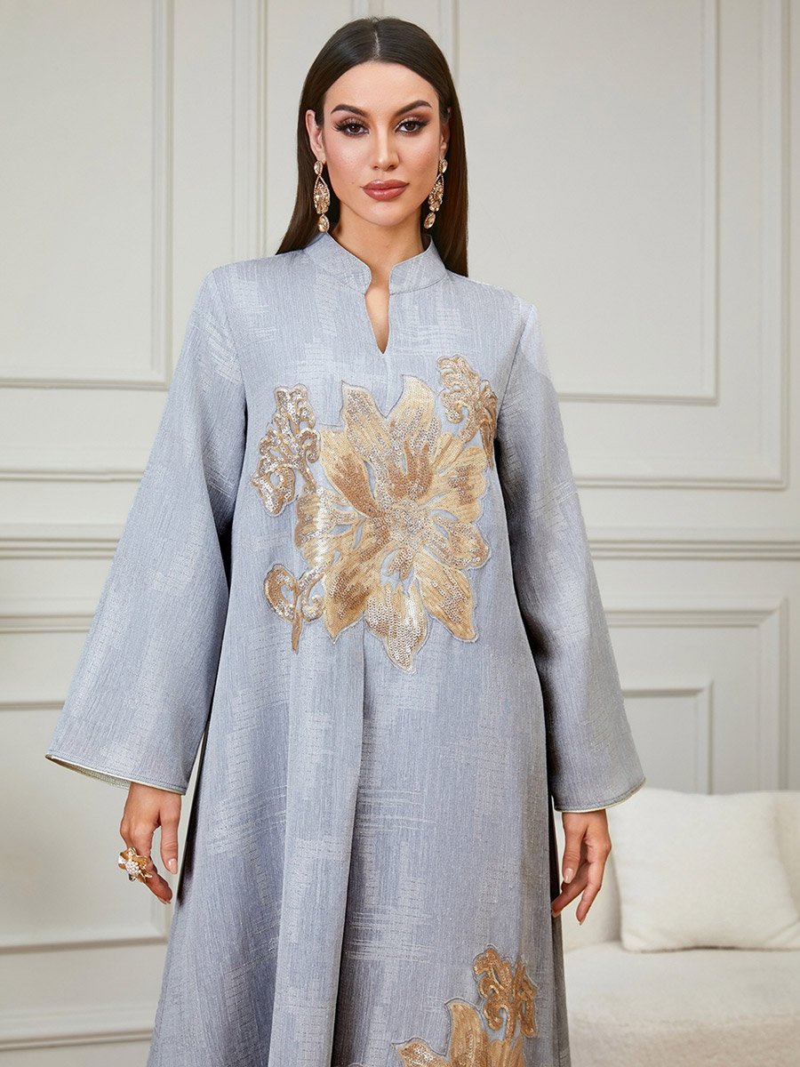 Grey Embroidered Collared A-Line Jalabiya