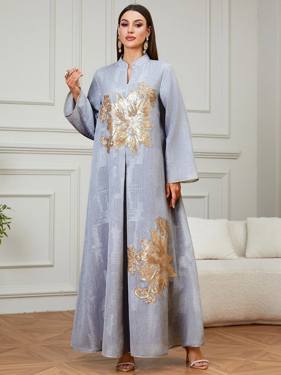 Grey Embroidered Collared A-Line Jalabiya