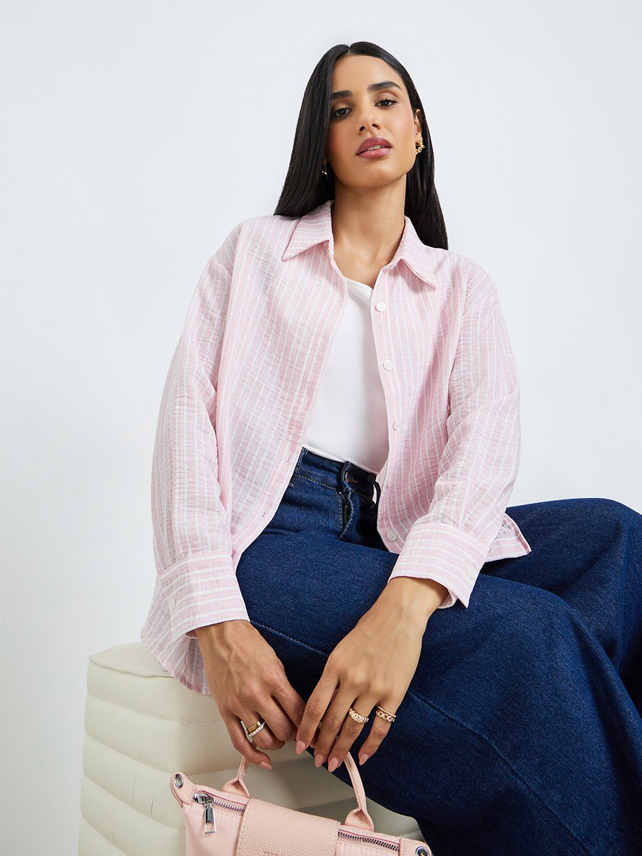 Pink Striped Relaxed Fit Long Sleeve Shirt