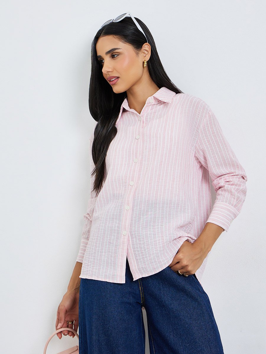 Pink Striped Relaxed Fit Long Sleeve Shirt