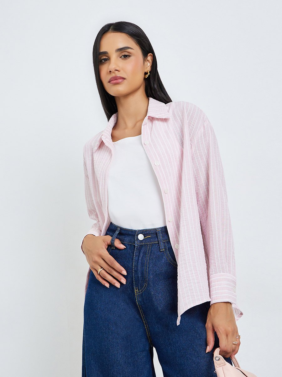 Pink Striped Relaxed Fit Long Sleeve Shirt