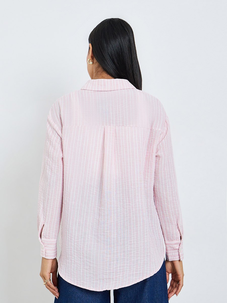 Pink Striped Relaxed Fit Long Sleeve Shirt