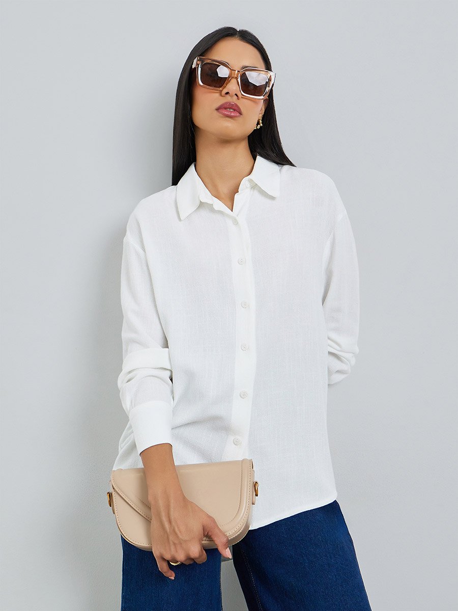 Off White Solid Linen Blend Relaxed Fit Shirt