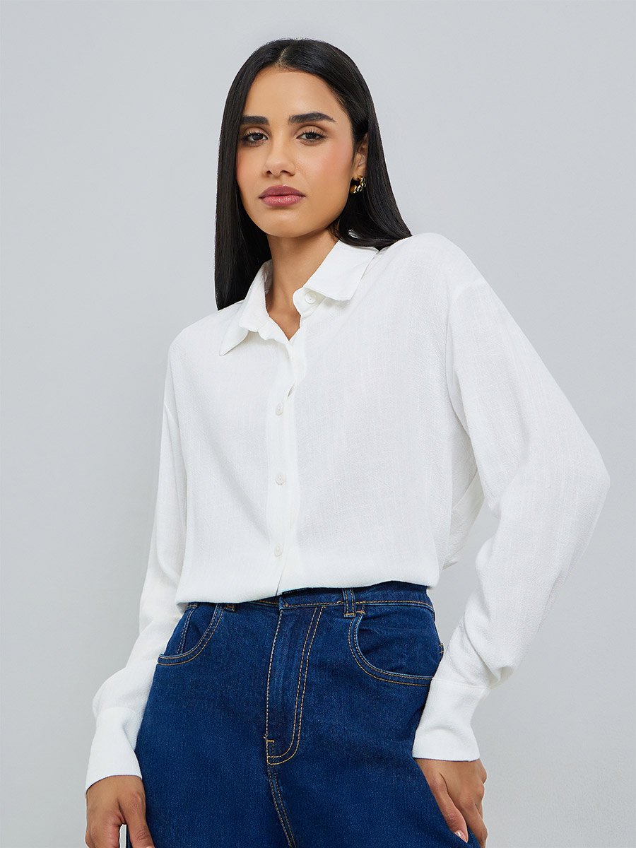 Off White Solid Linen Blend Relaxed Fit Shirt