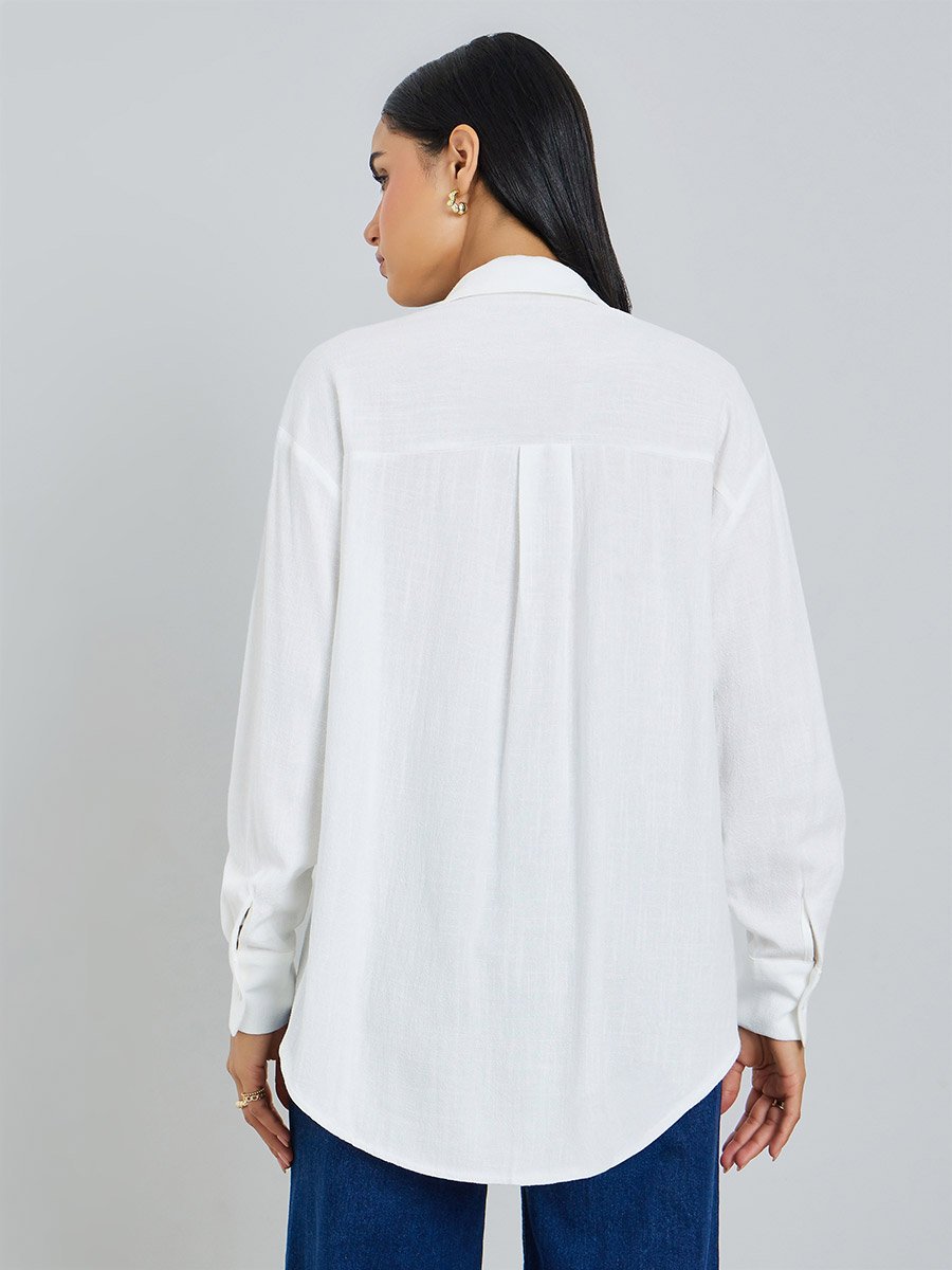 Off White Solid Linen Blend Relaxed Fit Shirt