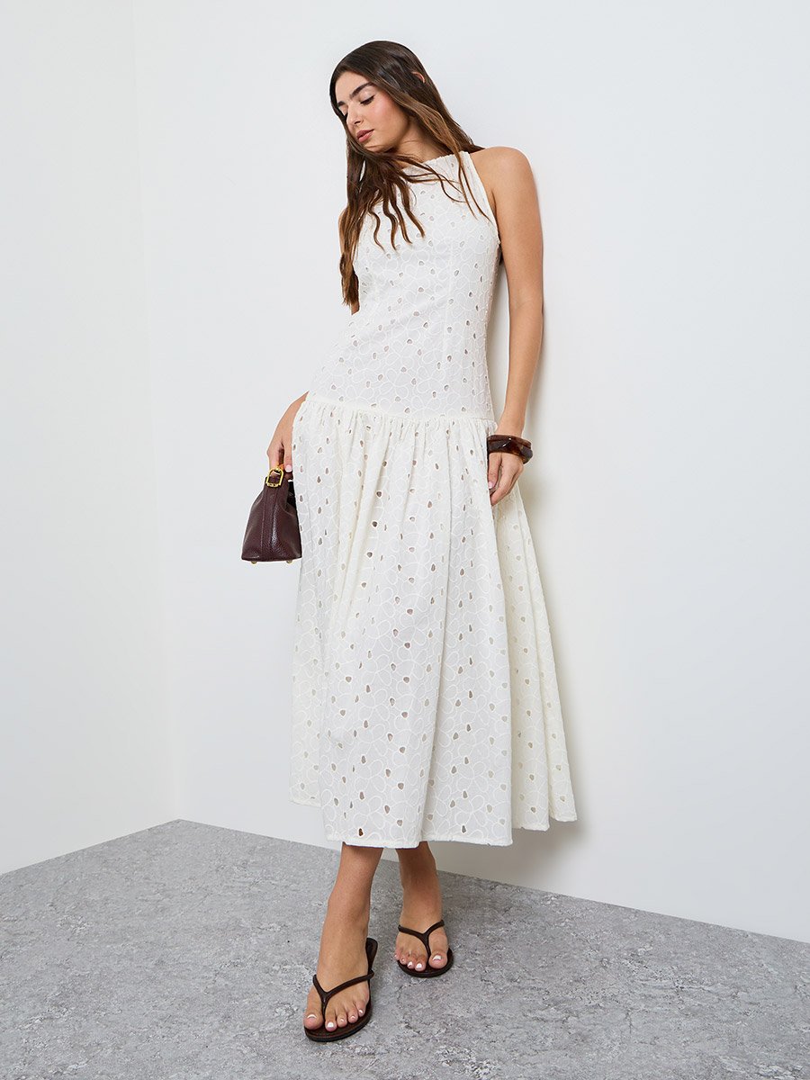 Off White Embroidered A-Line Midi Dress