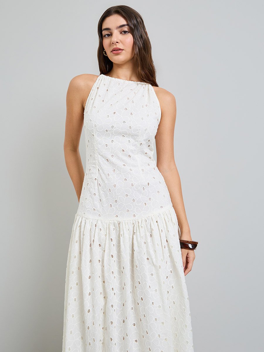 Off White Embroidered A-Line Midi Dress
