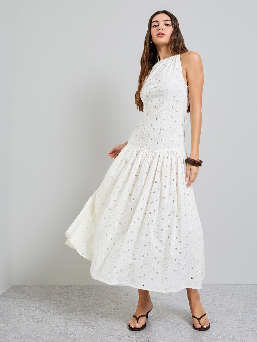 Off White Embroidered A-Line Midi Dress
