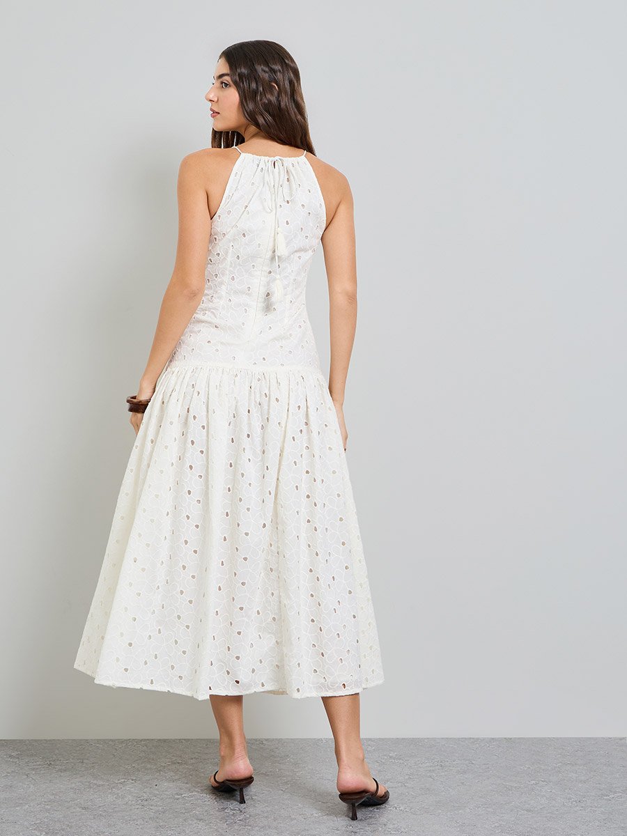 Off White Embroidered A-Line Midi Dress