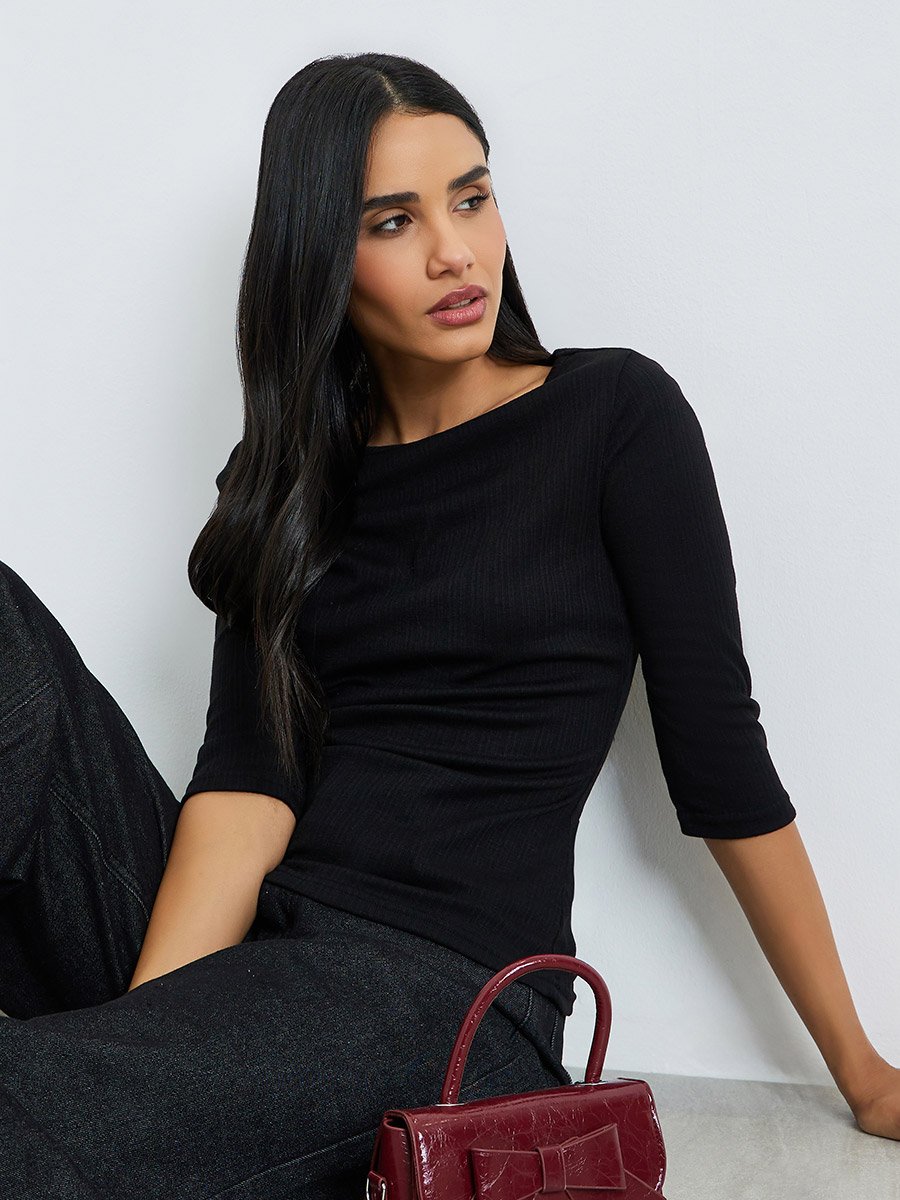 Black Boat Neck Textured Knit Top