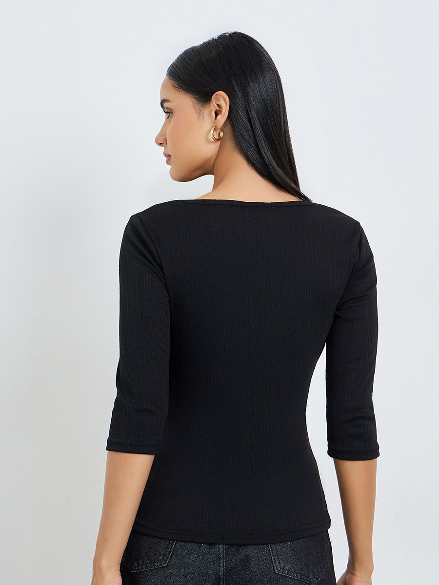 Black Boat Neck Textured Knit Top
