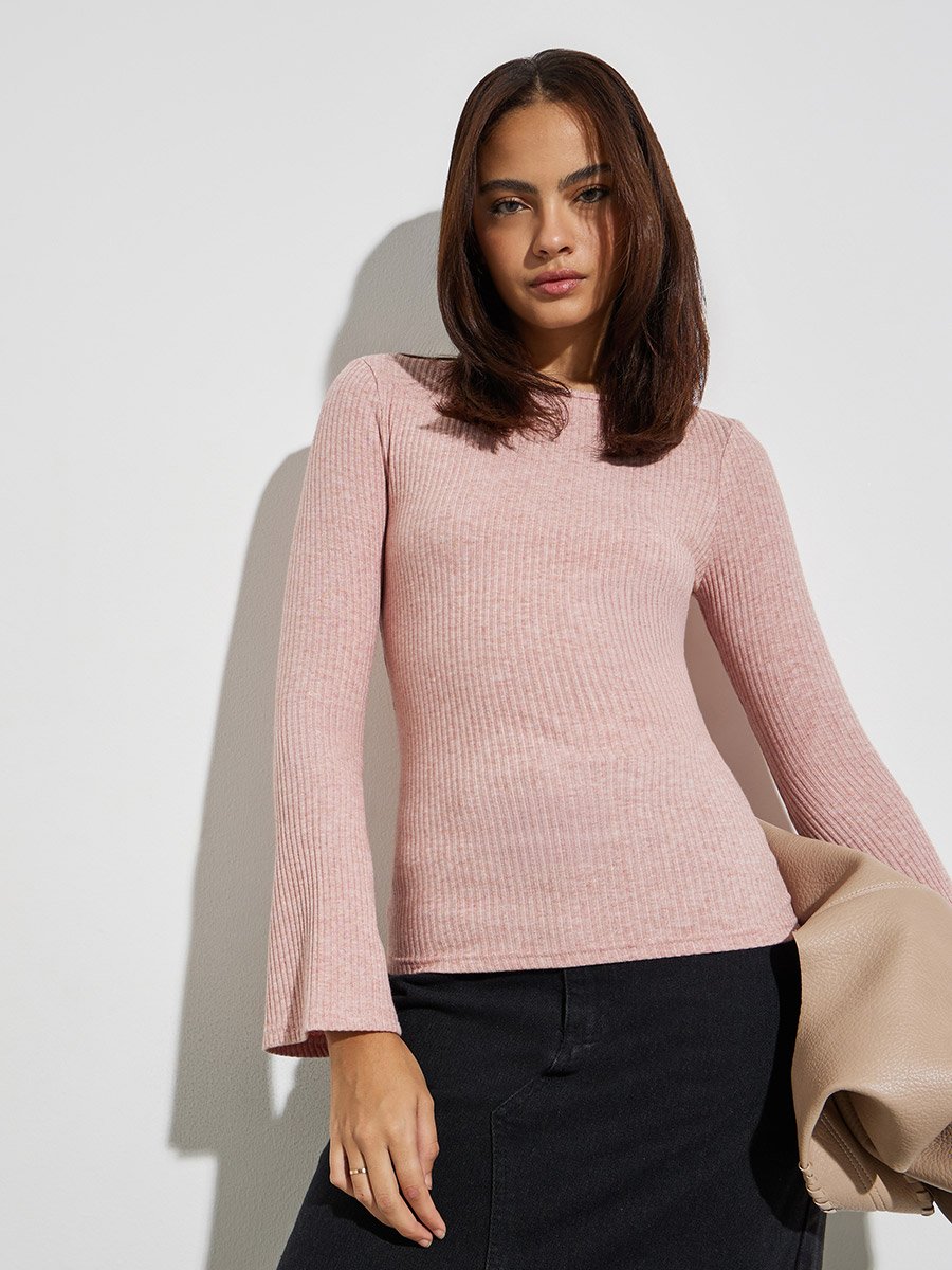 Pink Flared Sleeve Textured Knit Top