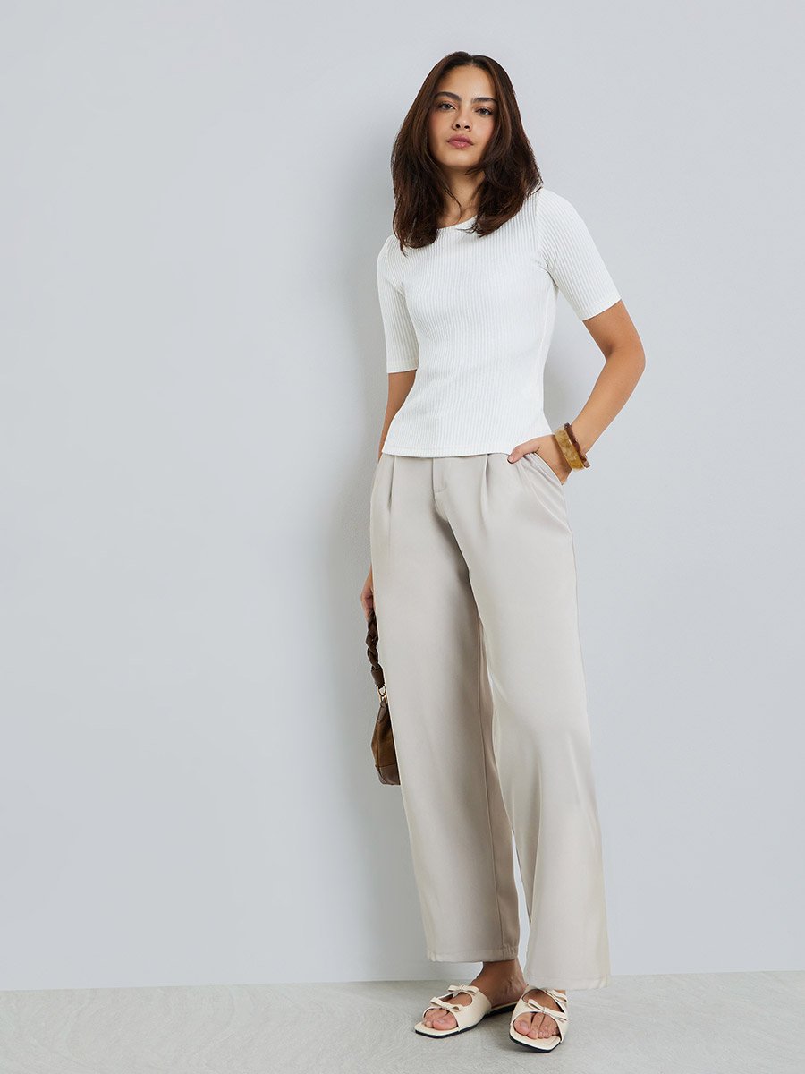 Off White Ribbed Knit Top