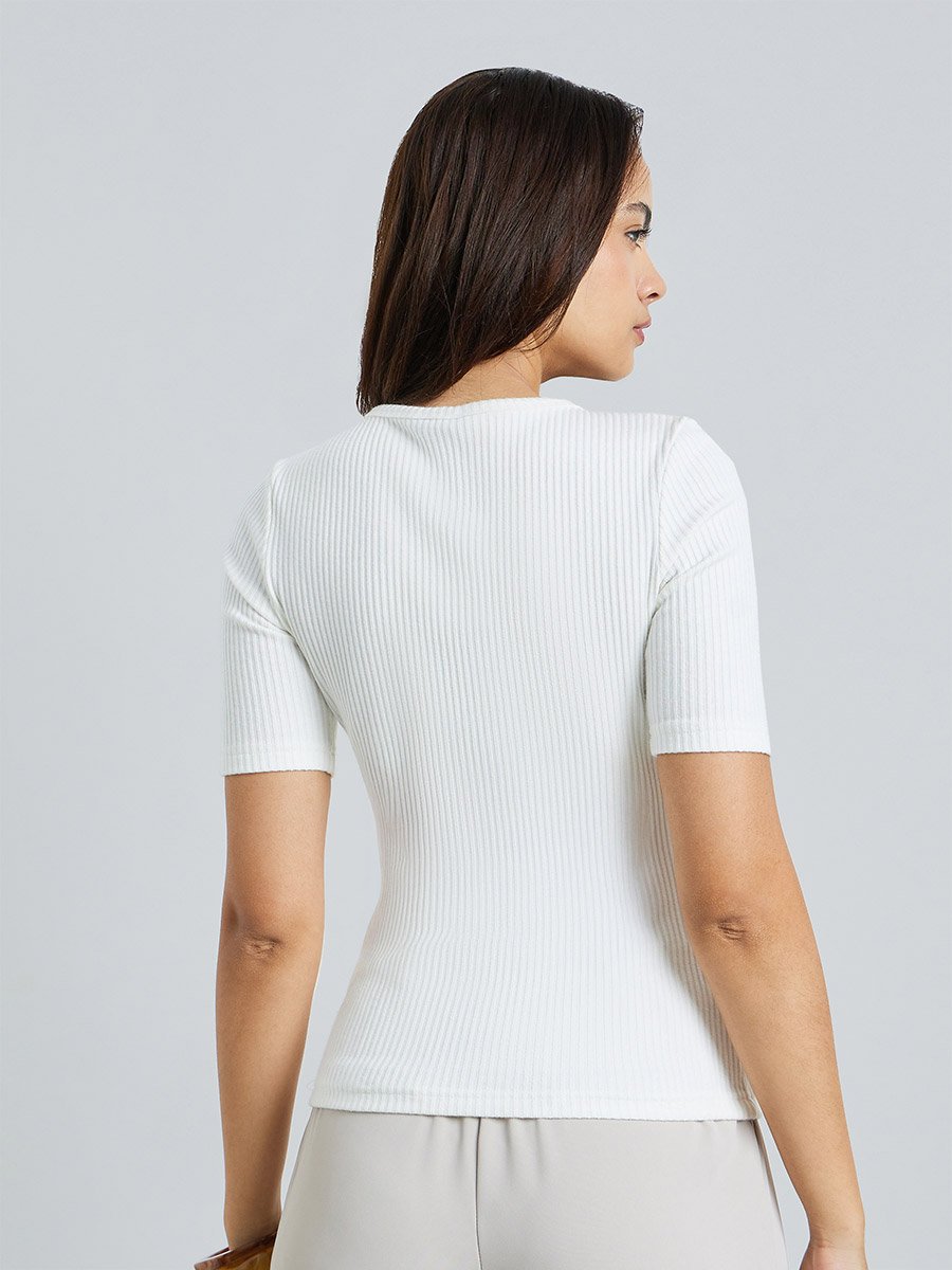 Off White Ribbed Knit Top