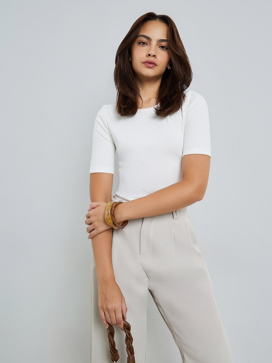 Off White Ribbed Knit Top