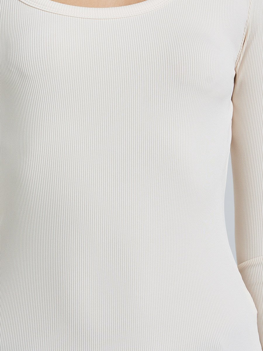 Off White Ribbed Long Sleeve Knit Top