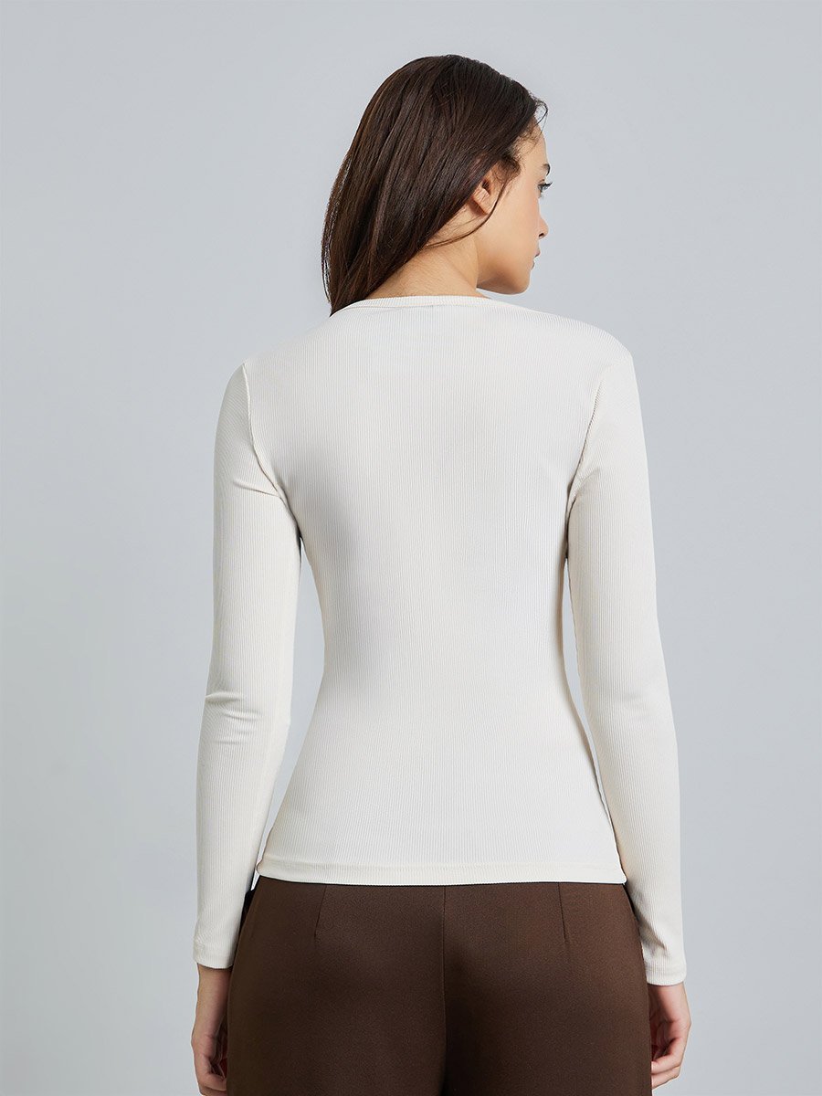 Off White Ribbed Long Sleeve Knit Top