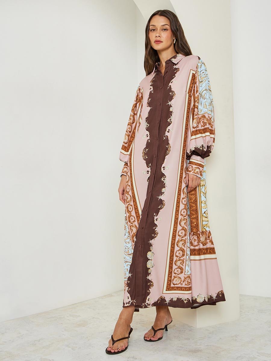 Scarf Print Long Sleeves Shirt Maxi Dress