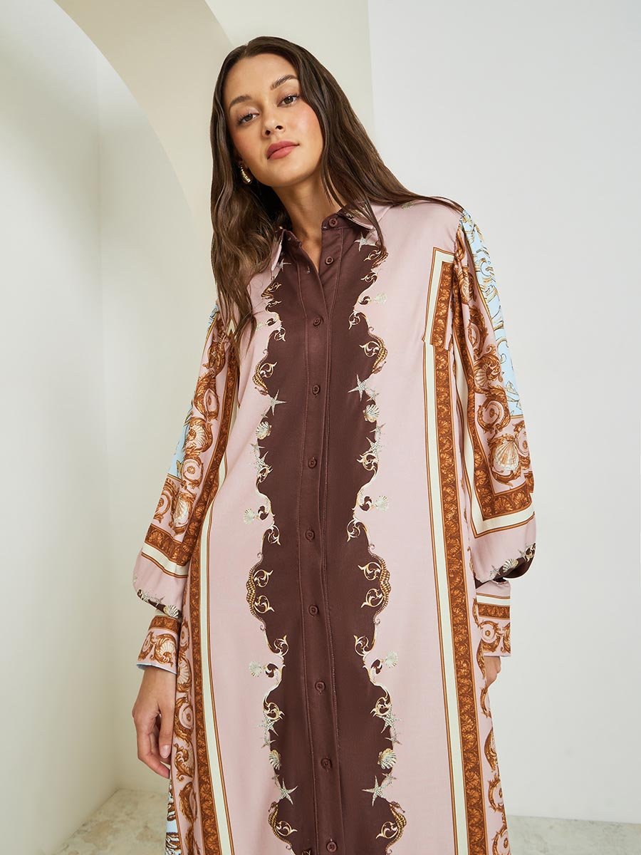 Scarf Print Long Sleeves Shirt Maxi Dress