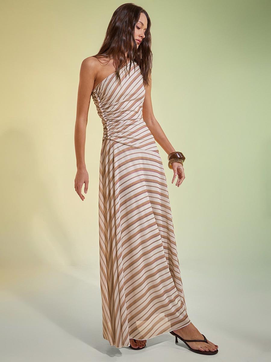 Beige Striped One Shoulder Mesh Maxi Dress