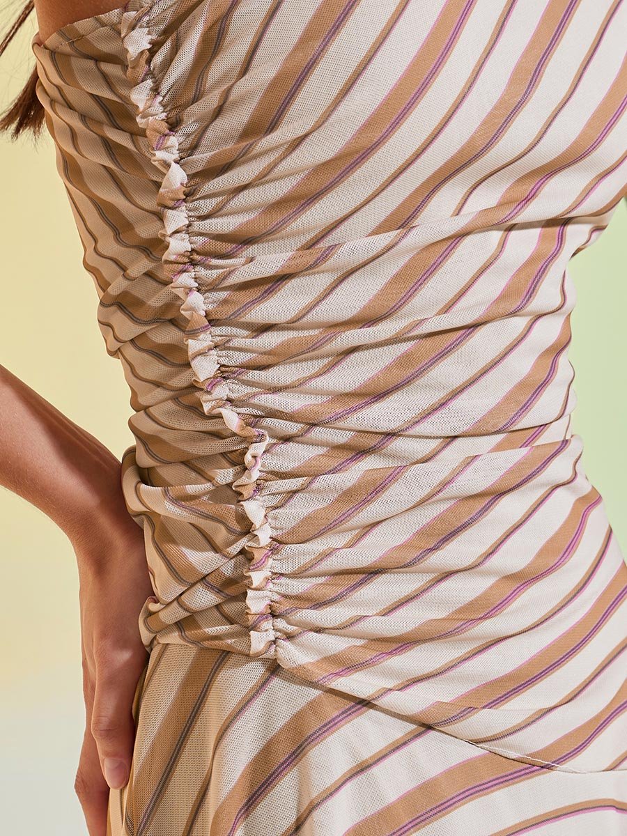 Beige Striped One Shoulder Mesh Maxi Dress