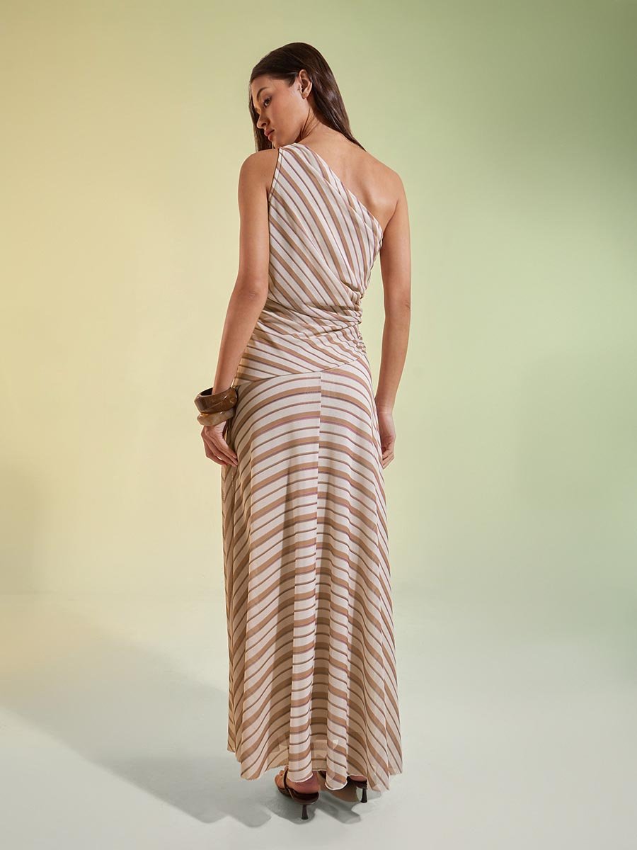 Beige Striped One Shoulder Mesh Maxi Dress