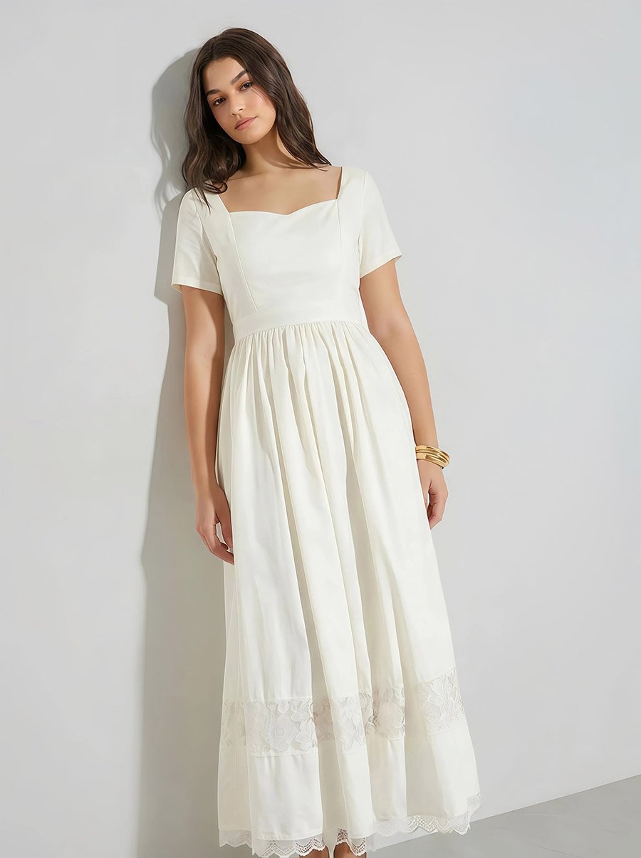 Off White Lace Insert A-Line Maxi Dress
