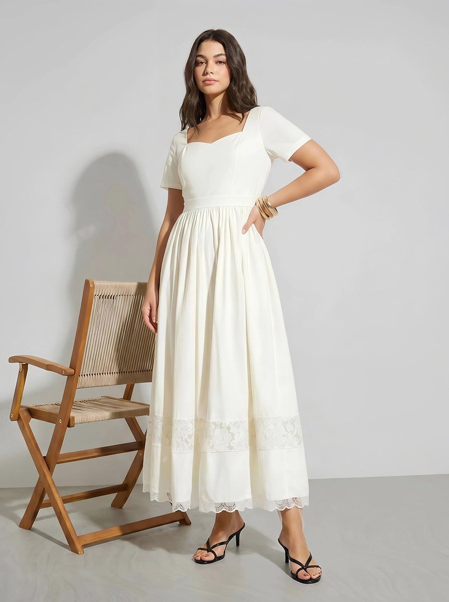 Off White Lace Insert A-Line Maxi Dress