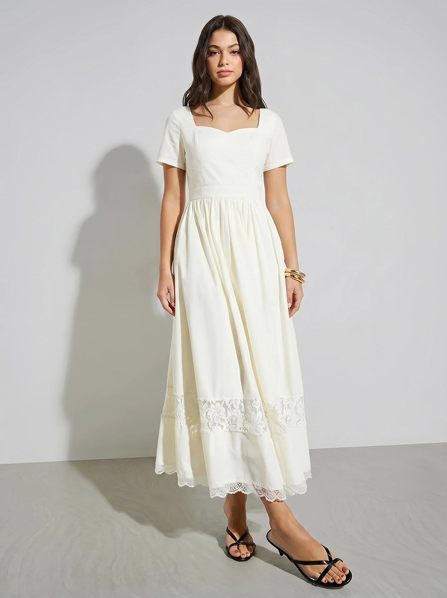 Off White Lace Insert A-Line Maxi Dress