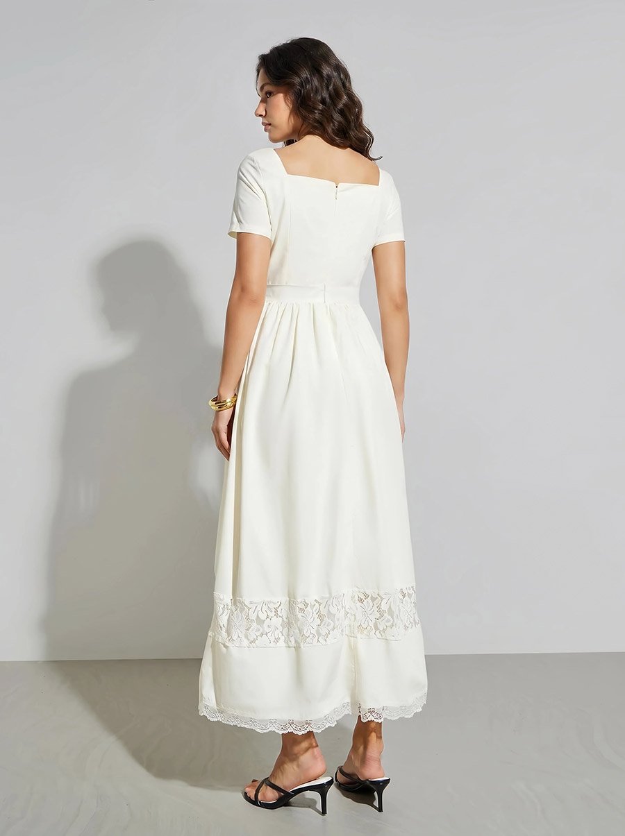 Off White Lace Insert A-Line Maxi Dress