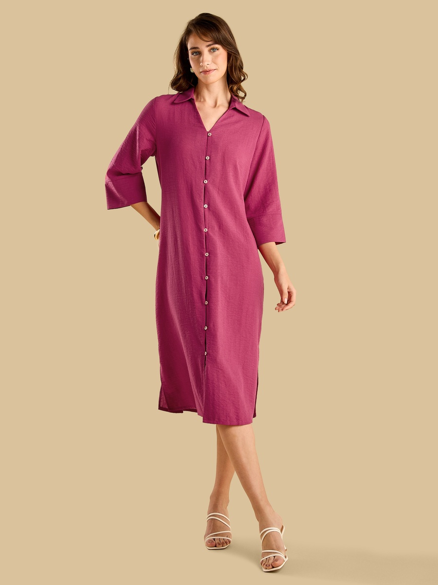 Midi Shirt Dress with 3/4 Sleeves
