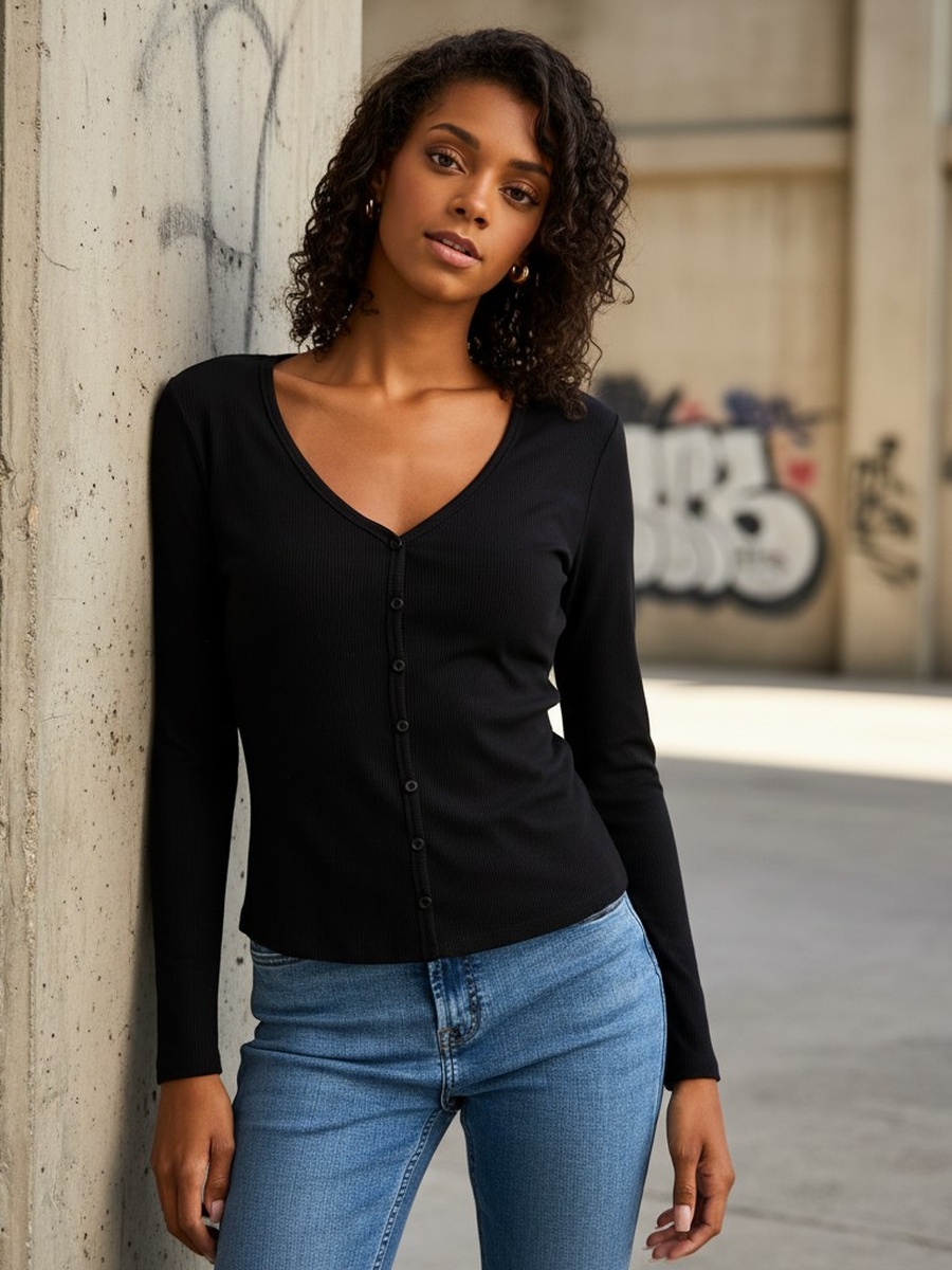 Henley Neck Ribbed Top