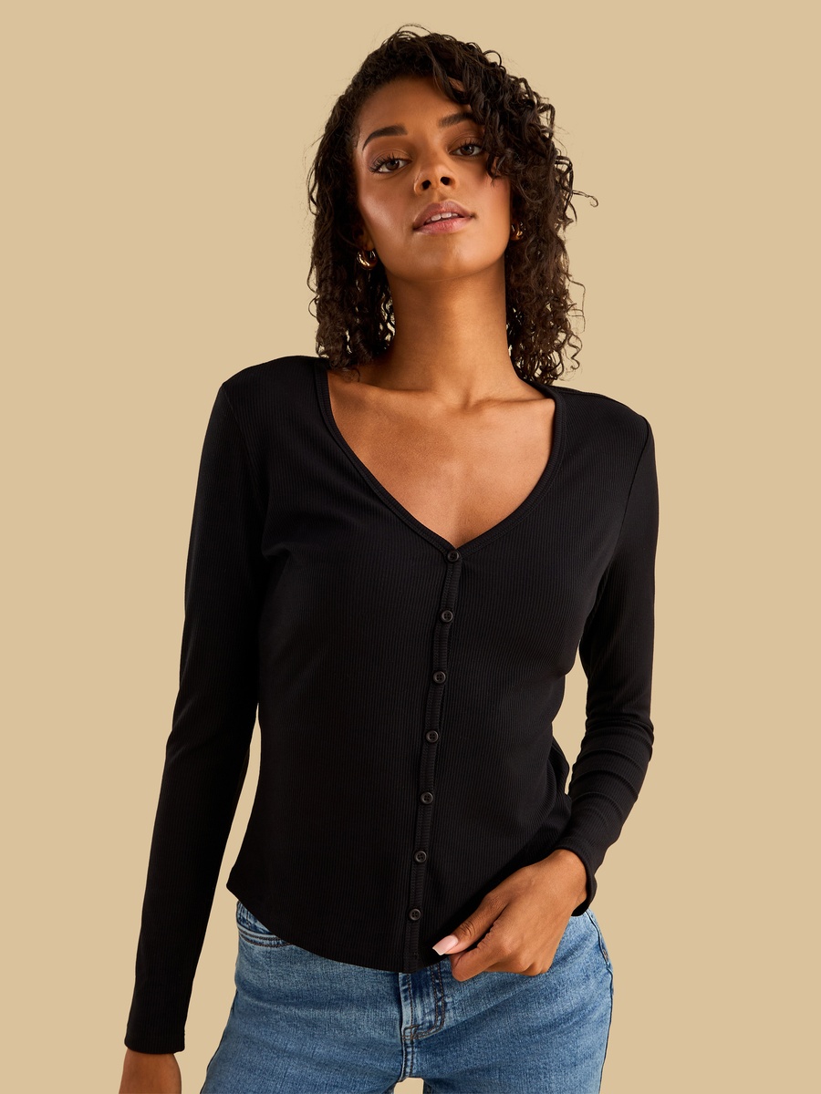 Henley Neck Ribbed Top
