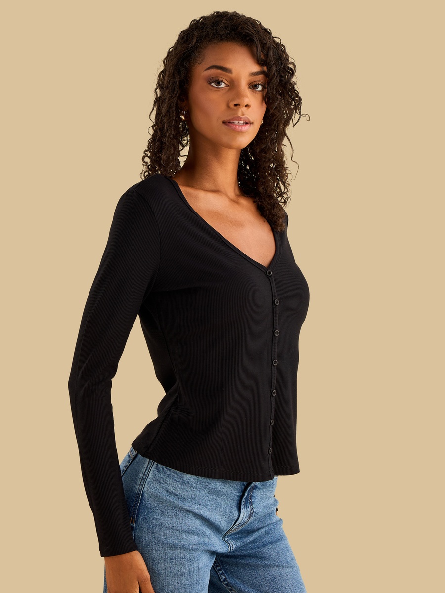 Henley Neck Ribbed Top