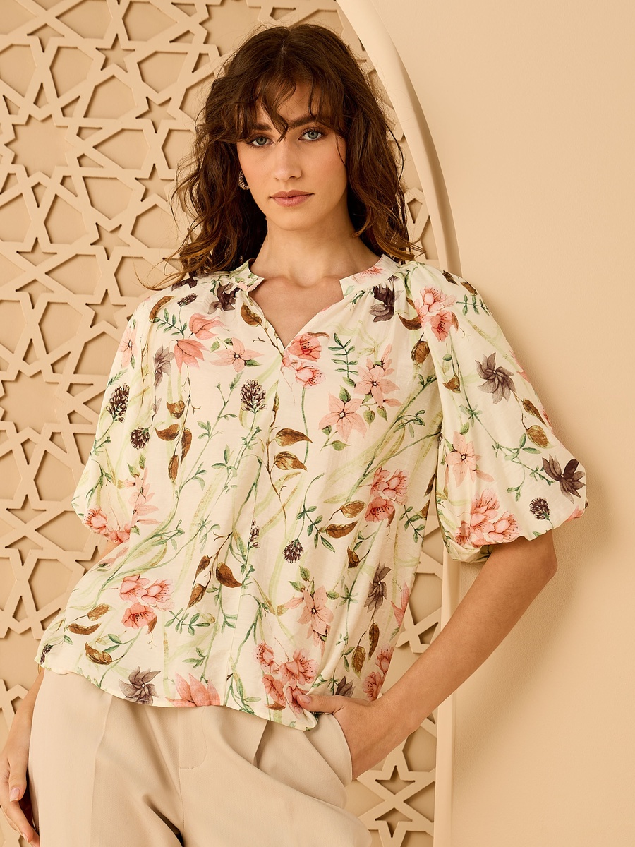 Floral Print Balloon Sleeve Top