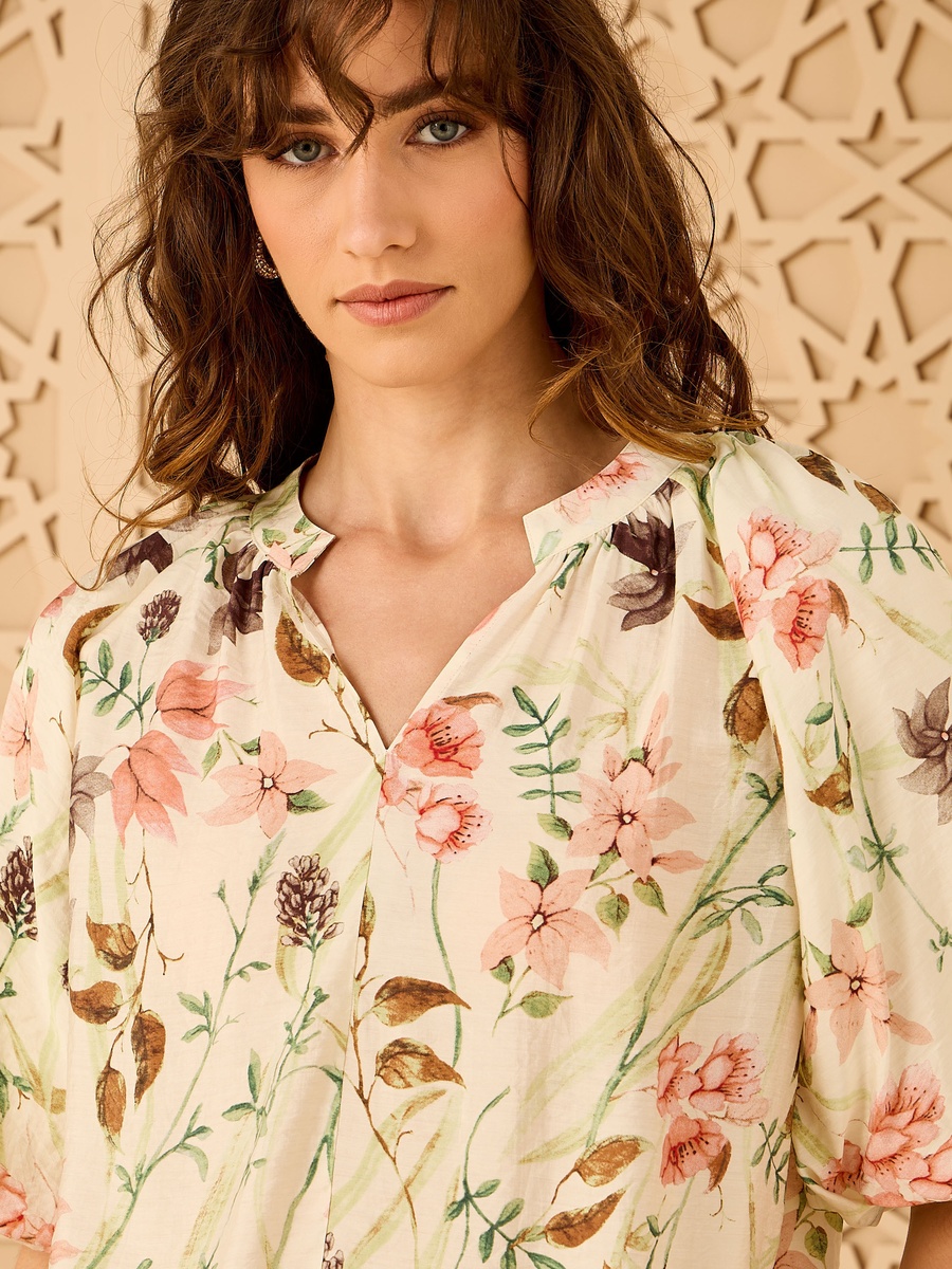 Floral Print Balloon Sleeve Top