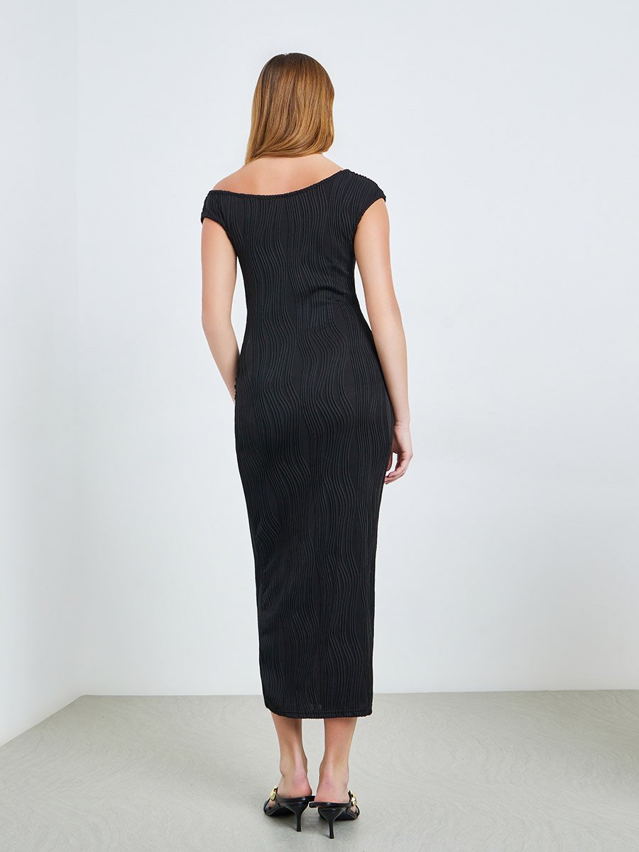 Black Textured Asymmetric Neck Bodycon Midi Dress