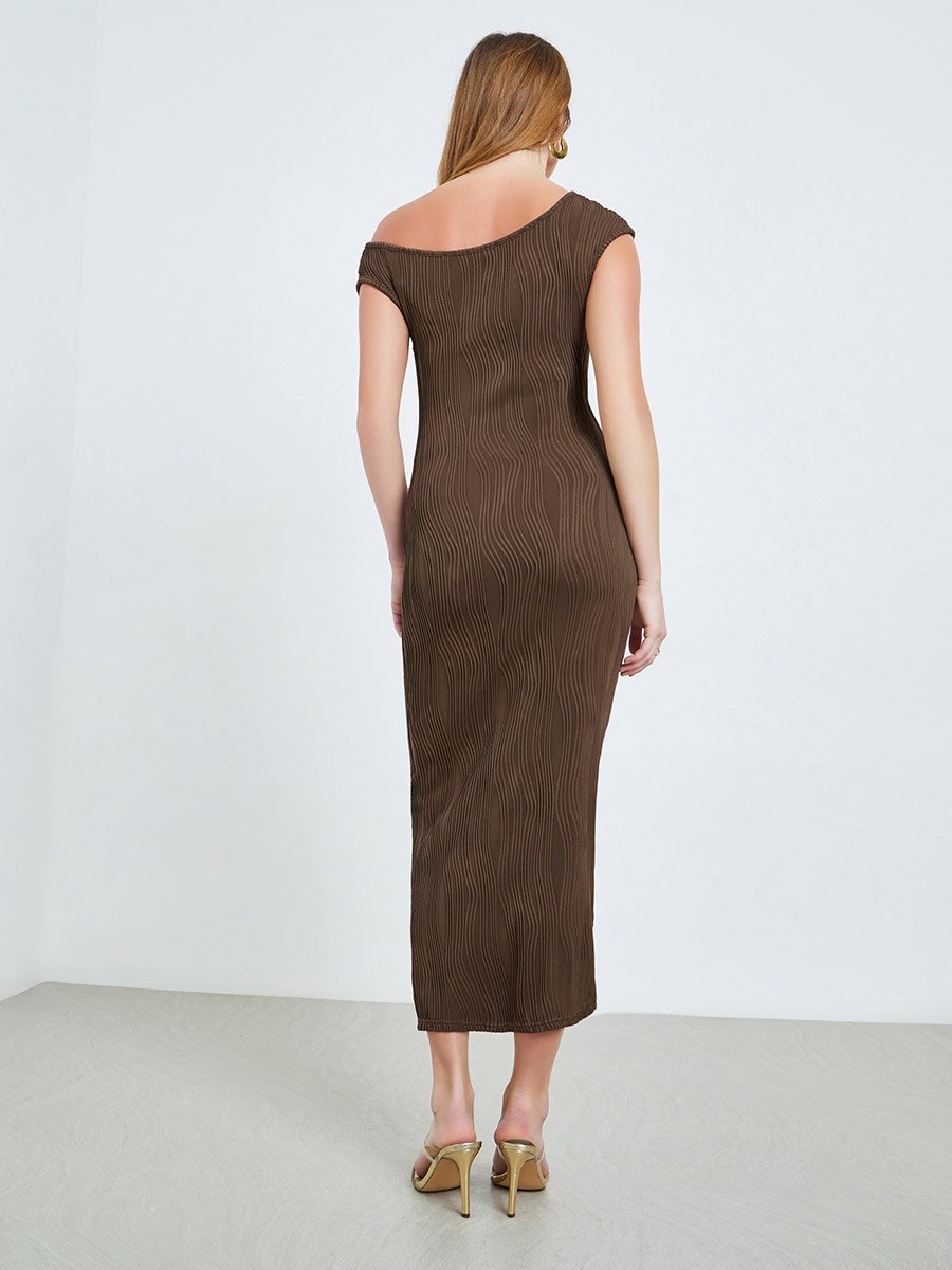Brown Texture Asymmetric Neck Bodycon Midi Dress