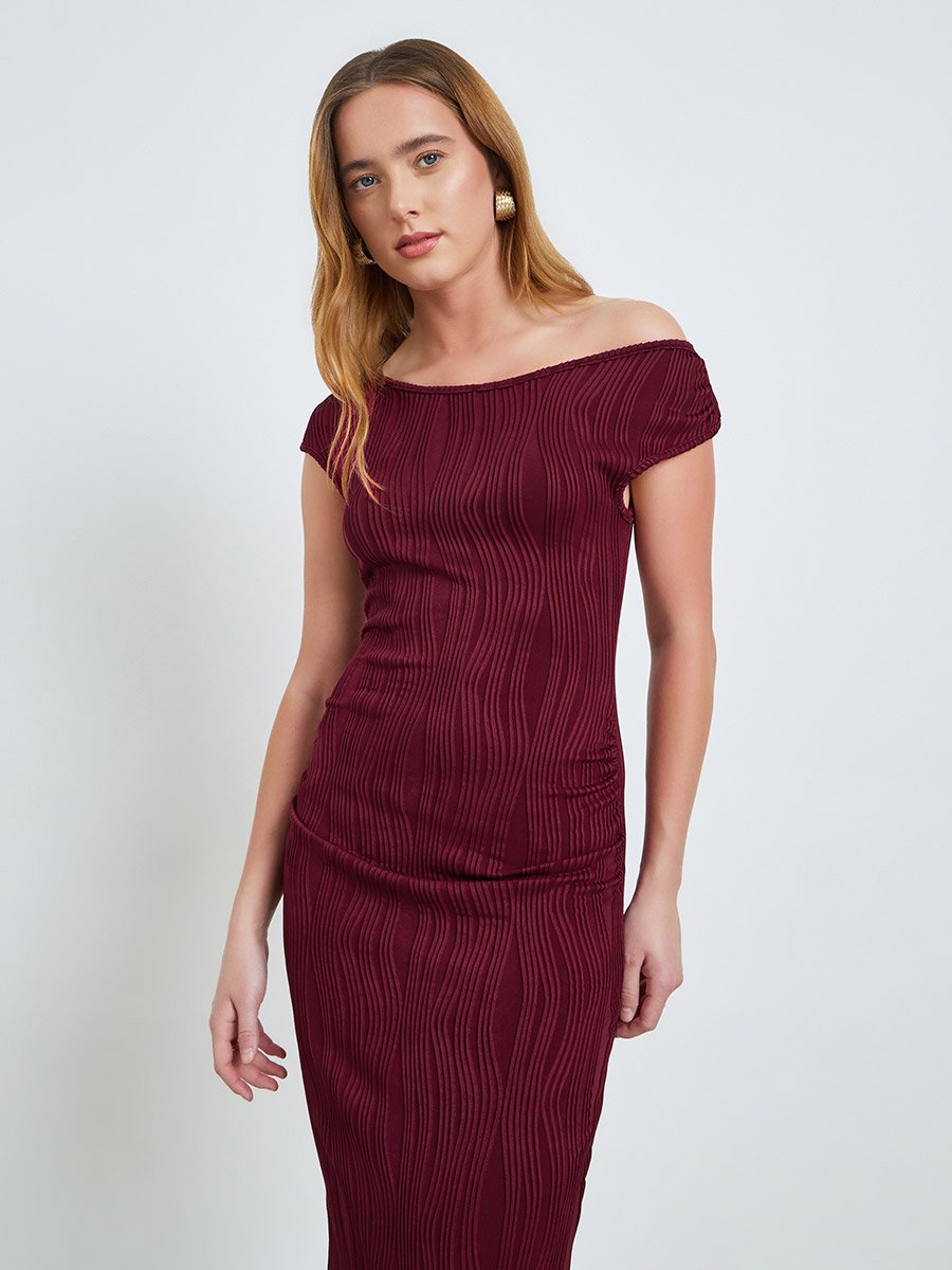 Burgundy Texture Asymmetric Neck Bodycon Midi Dress