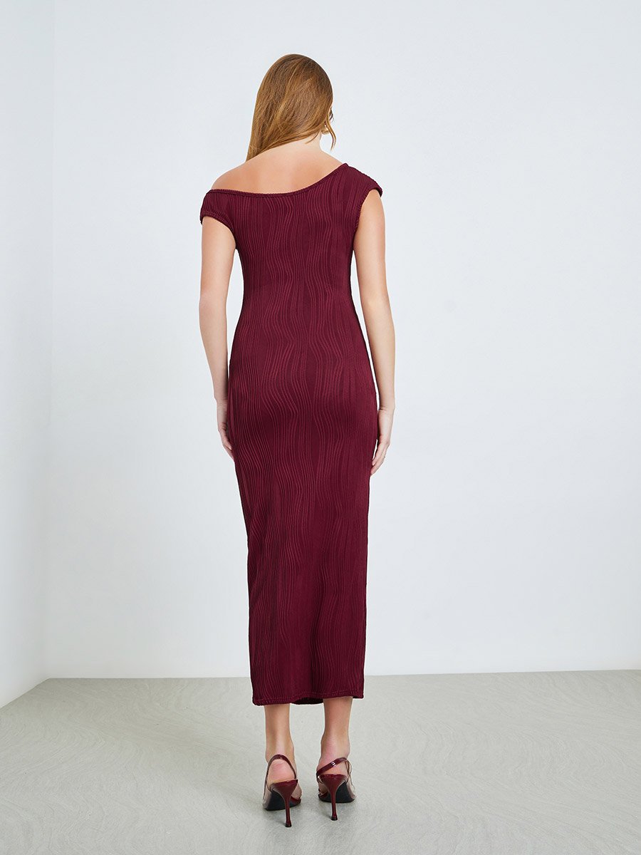 Burgundy Texture Asymmetric Neck Bodycon Midi Dress