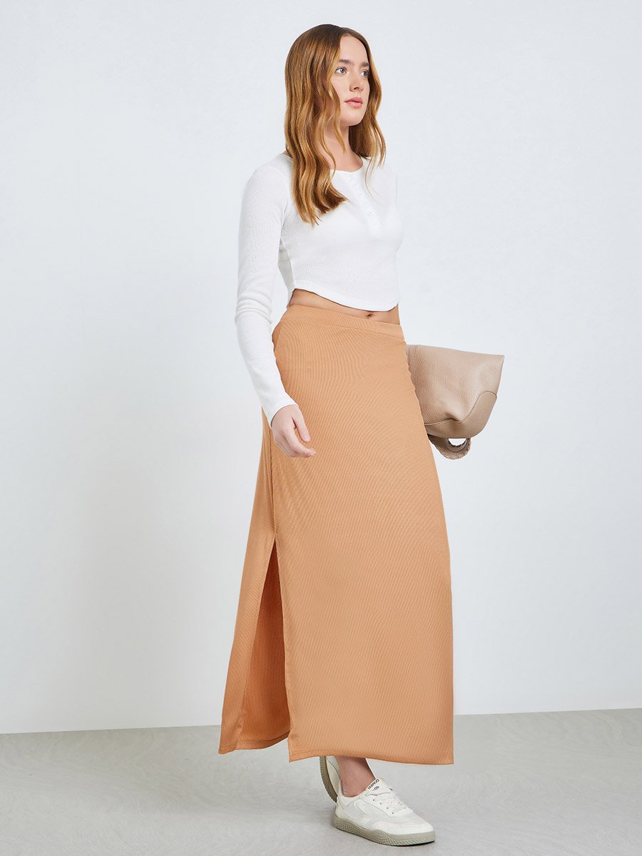 Brown Bodycon Maxi Skirt with Slit