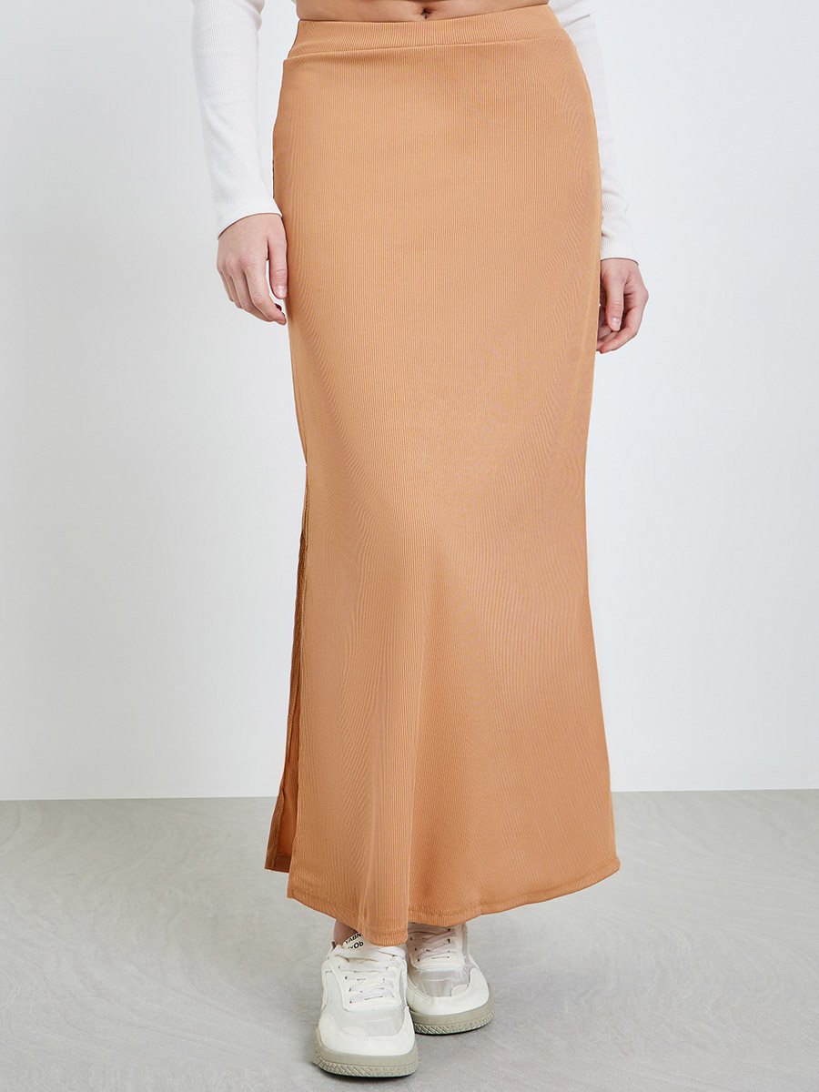 Brown Bodycon Maxi Skirt with Slit