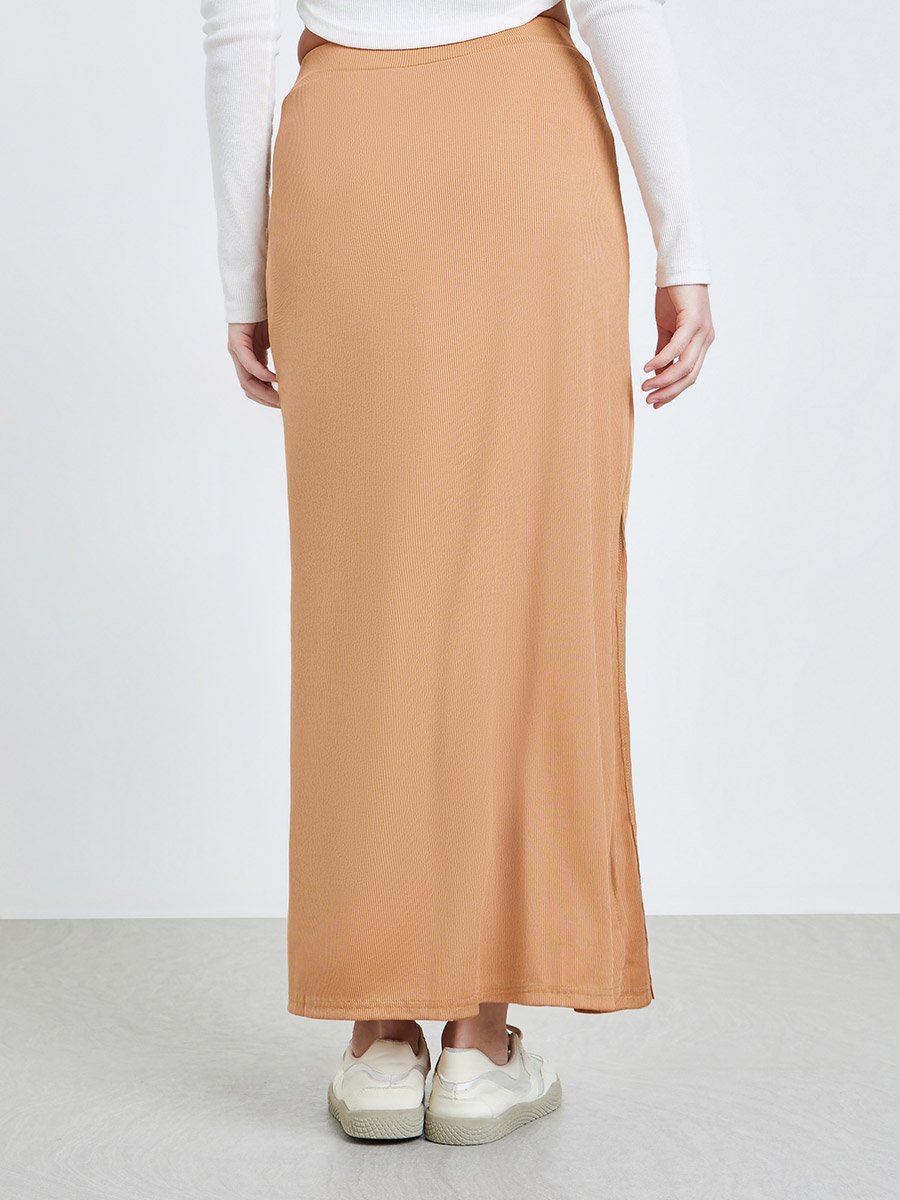 Brown Bodycon Maxi Skirt with Slit